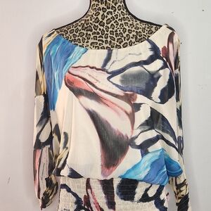 MADISON PAIGE Abstract Brushstroke Boatneck Tunic in Cream, Blue & Pink